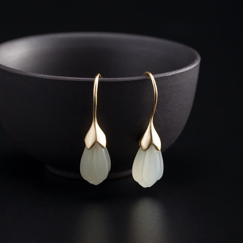Hetian Jade Magnolia 925 Silber Tropfen Ohrringe
