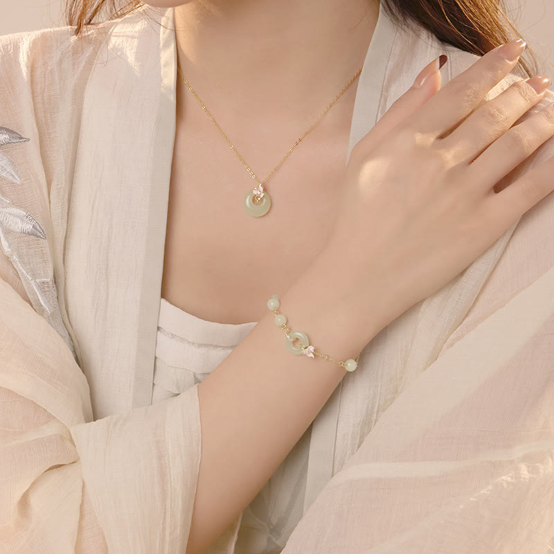 Hetian Jade Peace Buckle Armband & Halskette Set - 925 Silber