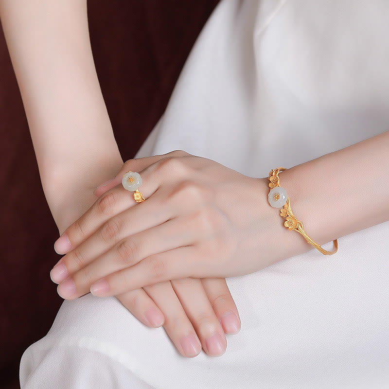Hetian Jade Pflaumenblüte Glück Halskette Armband Ring Set