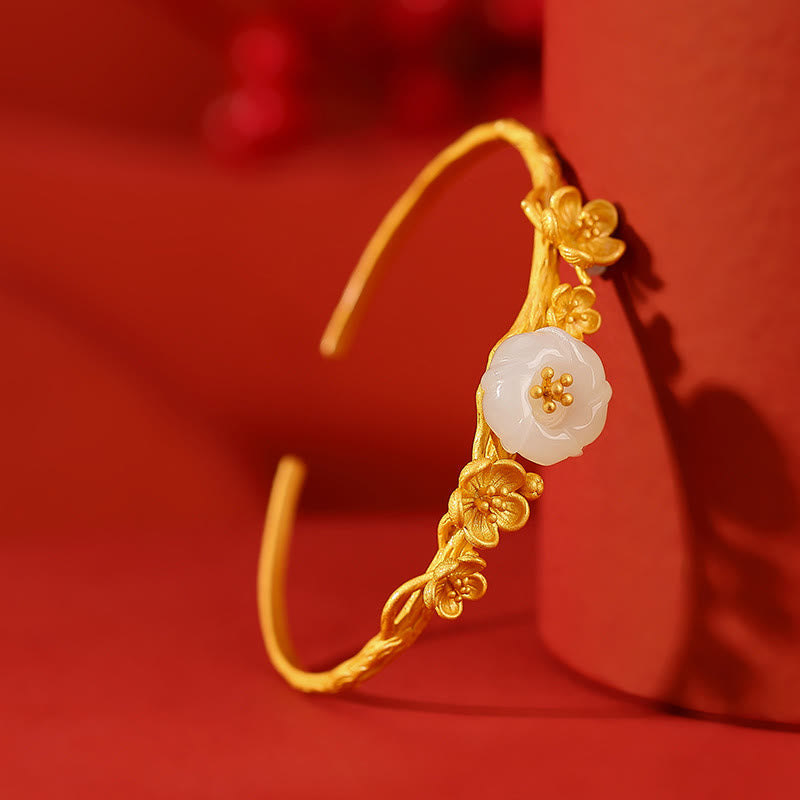 Hetian Jade Pflaumenblüte Glück Halskette Armband Ring Set