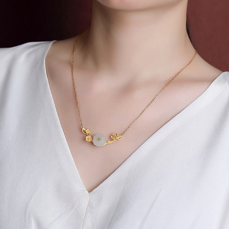 Hetian Jade Pflaumenblüte Glück Halskette Armband Ring Set