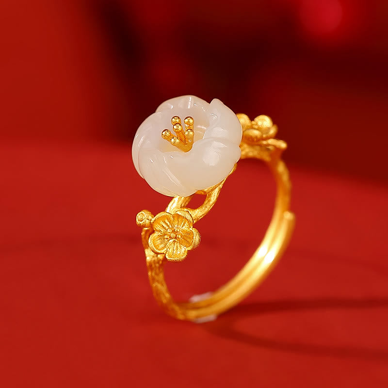 Hetian Jade Pflaumenblüte Glück Halskette Armband Ring Set