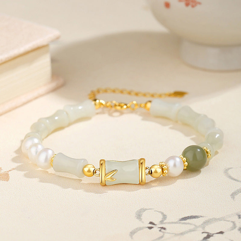 Hetian White Jade Armband | Sterling Silber Bambus Glückssegen