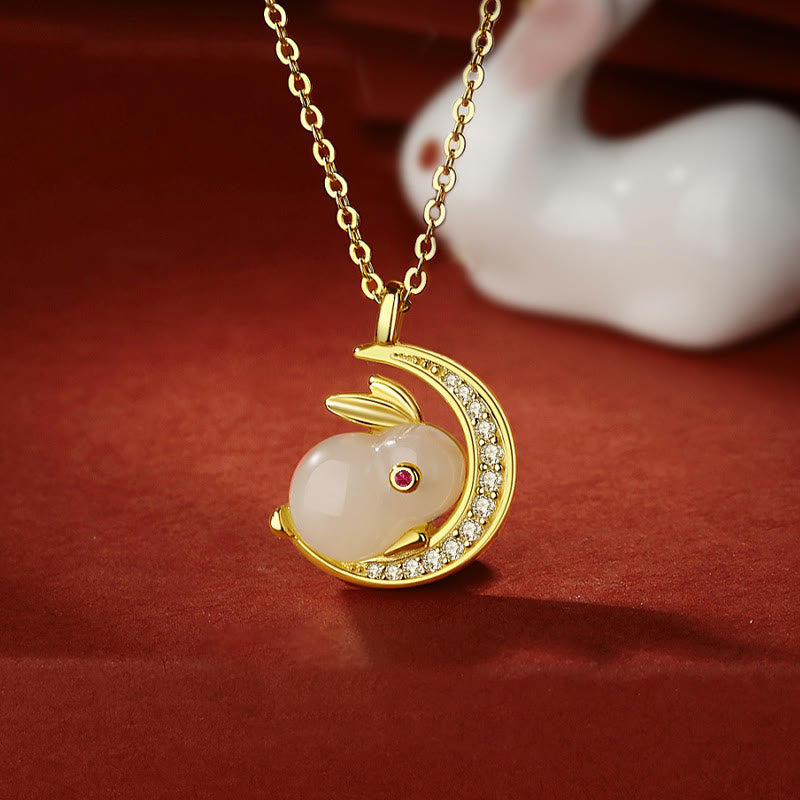 Hetian White Jade Kaninchen Halbmond Halskette