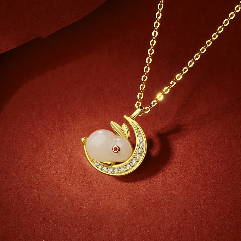 Hetian White Jade Kaninchen Halbmond Halskette