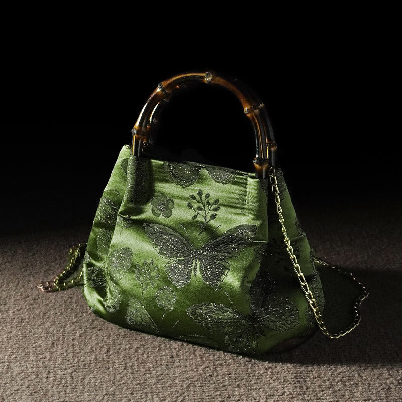 Jacquard-Tasche mit Schmetterlingsblumen und Bambusgriff | Spirituelles Accessoire