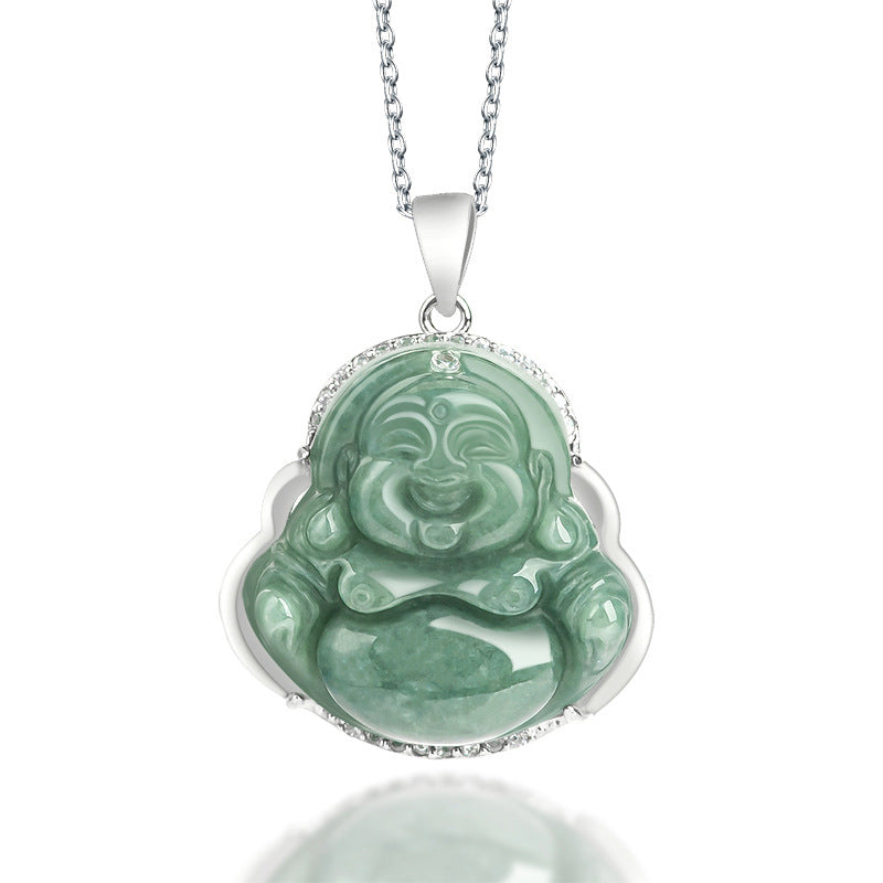 Jade Lachender Buddha Halskette 925 Sterling Silber Anhänger