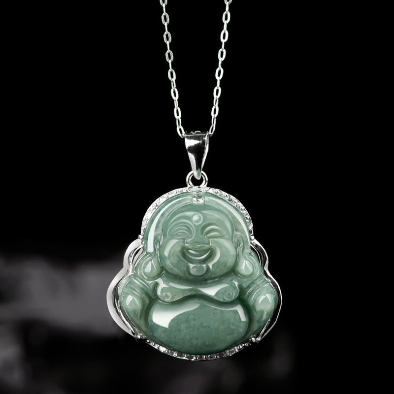 Jade Lachender Buddha Halskette 925 Sterling Silber Anhänger