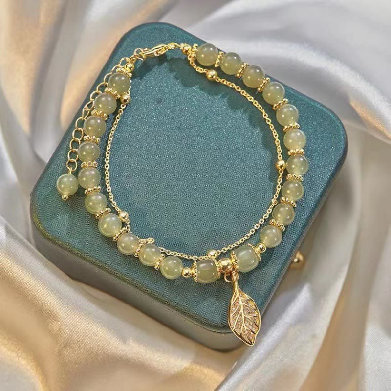 Jade-Glücksperlenarmband mit Blatt-, Tulpen- und Fu-Symbol