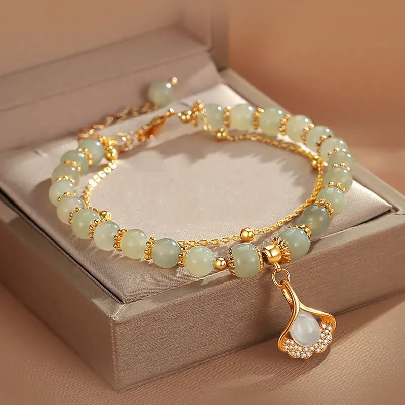 Jade-Glücksperlenarmband mit Blatt-, Tulpen- und Fu-Symbol