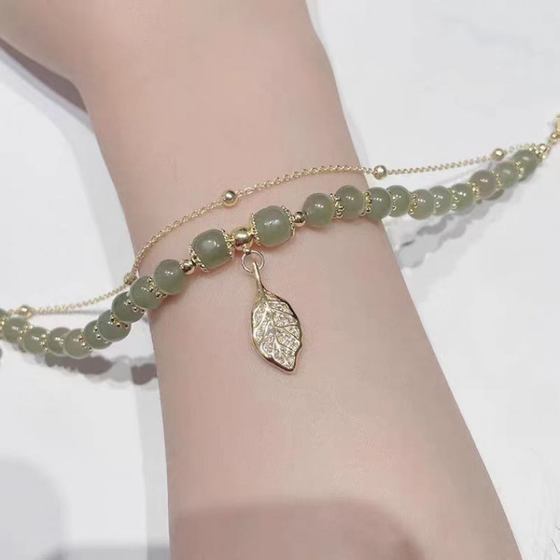 Jade-Glücksperlenarmband mit Blatt-, Tulpen- und Fu-Symbol