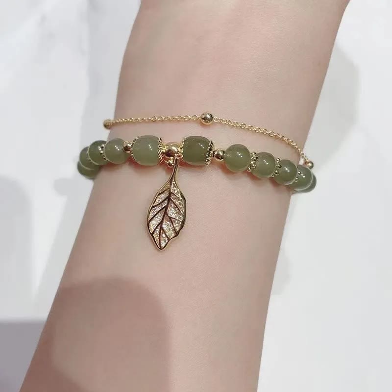 Jade-Glücksperlenarmband mit Blatt-, Tulpen- und Fu-Symbol