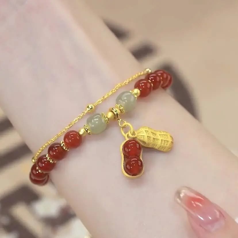 Jade-Glücksperlenarmband mit Blatt-, Tulpen- und Fu-Symbol