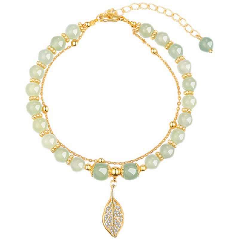 Jade-Glücksperlenarmband mit Blatt-, Tulpen- und Fu-Symbol