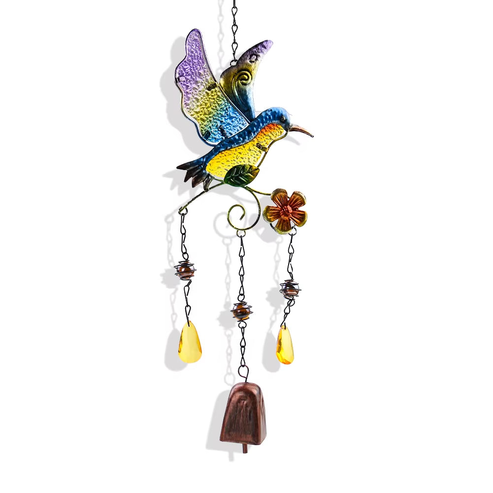 Colorful Metal Hummingbird Wind Chime with Crystals and Bells for Suncatcher Decor