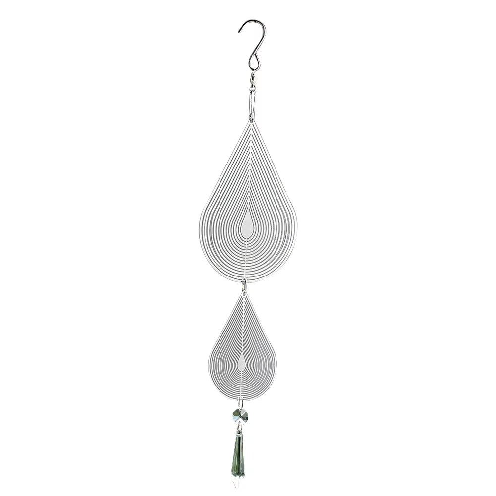 Silver wire spiral mobile with teardrop shapes and green tassel for yard decor