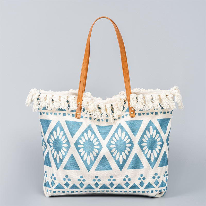 Große Tragetasche aus Canvas mit geometrischen Boho-Quasten, 50 cm