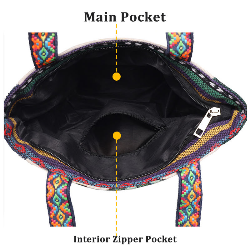 Große Canvas-Tragetasche mit Elefanten-Schmetterlings-Stickerei – Spiritueller Charme