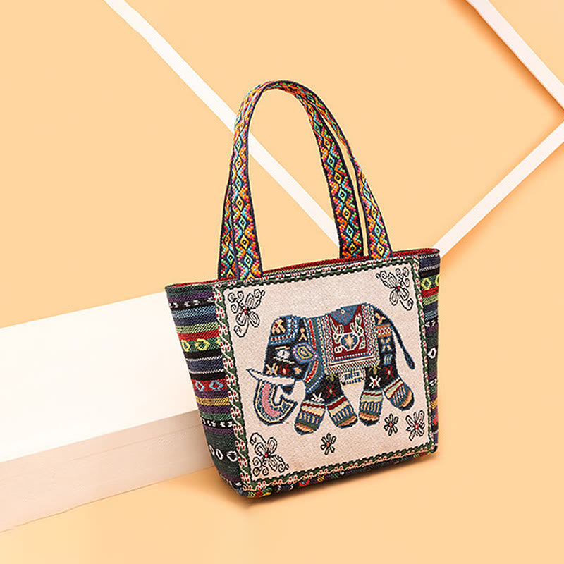 Große Canvas-Tragetasche mit Elefanten-Schmetterlings-Stickerei – Spiritueller Charme