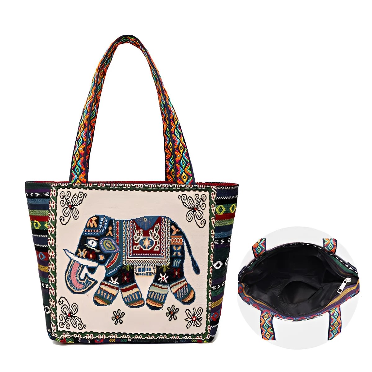 Große Canvas-Tragetasche mit Elefanten-Schmetterlings-Stickerei – Spiritueller Charme