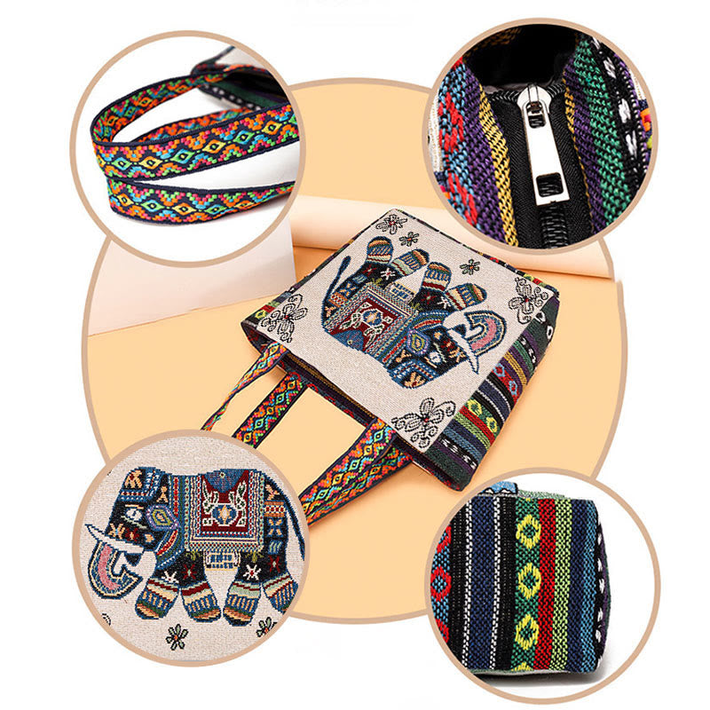 Große Canvas-Tragetasche mit Elefanten-Schmetterlings-Stickerei – Spiritueller Charme