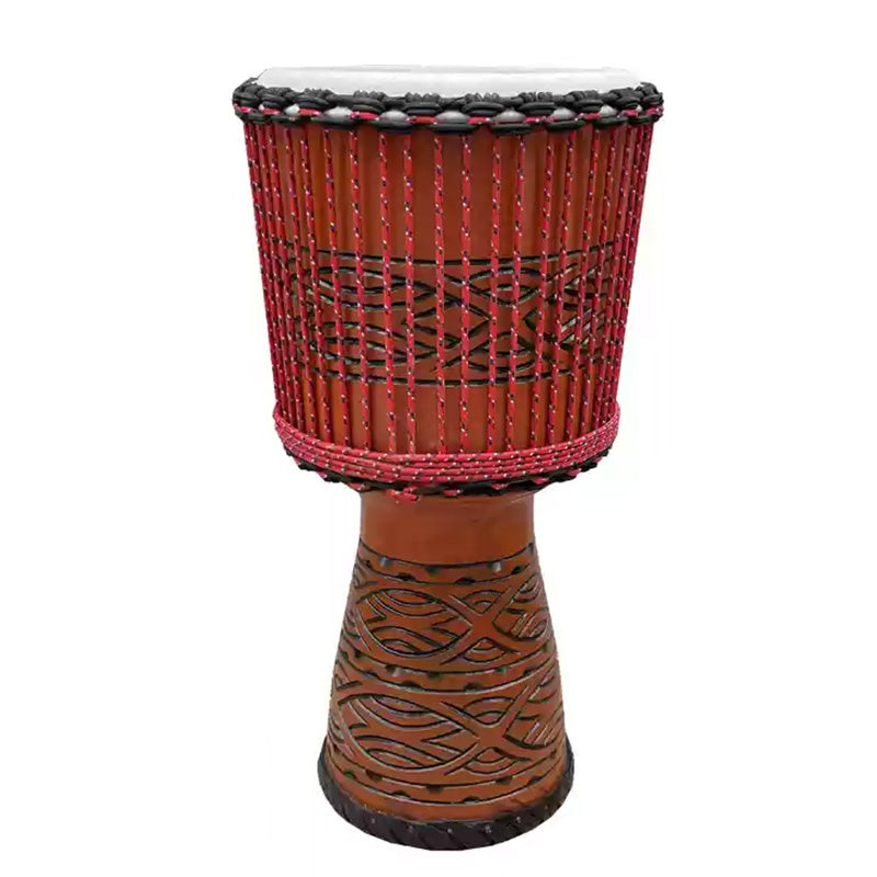 Traditional African Djembe drum with carved base and red woven top section