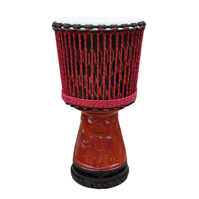 African Djembe Drum with Red Ropes and Hand-Carved Mahogany Body