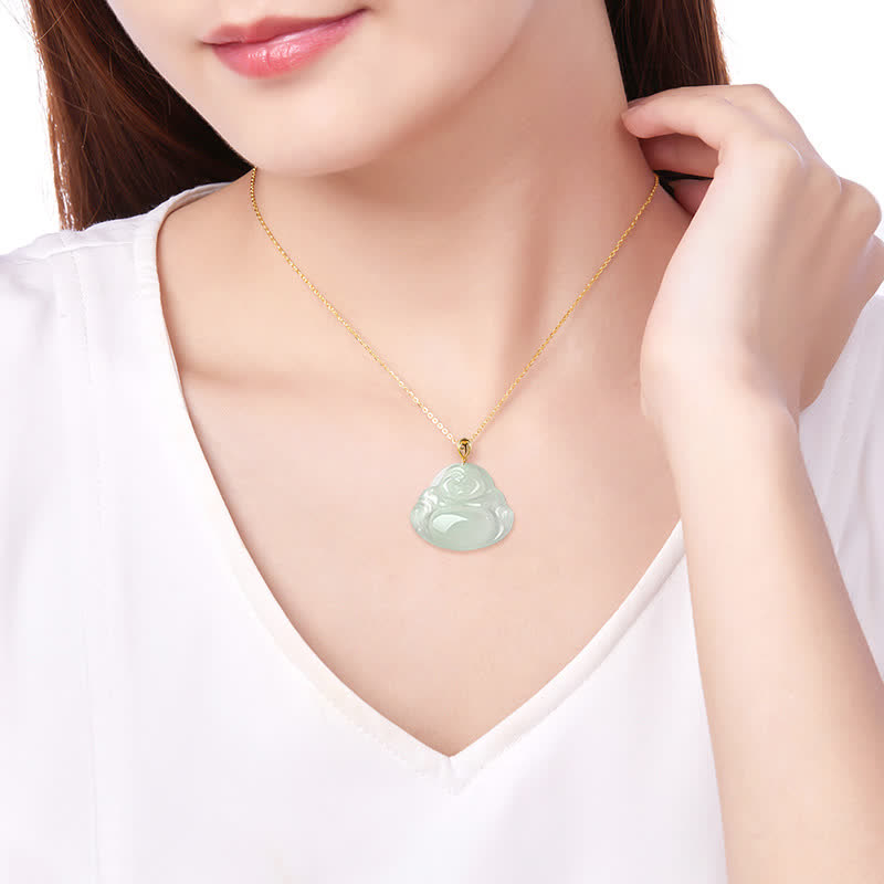 Lachender Buddha Jade Halskette Anhänger 18K Gold für Fülle