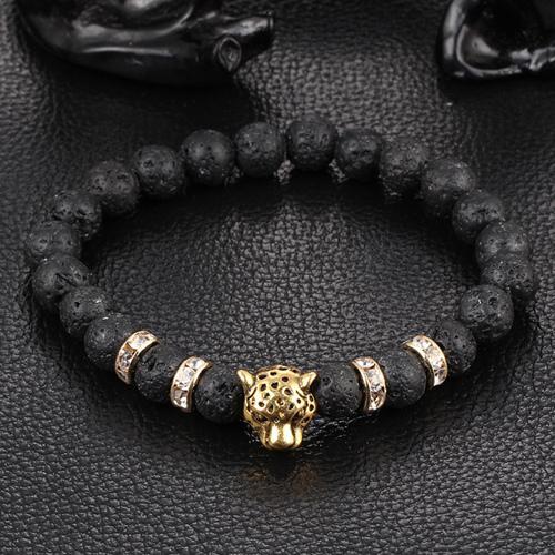 Armband mit Natursteinperlen und Leoparden-Charme