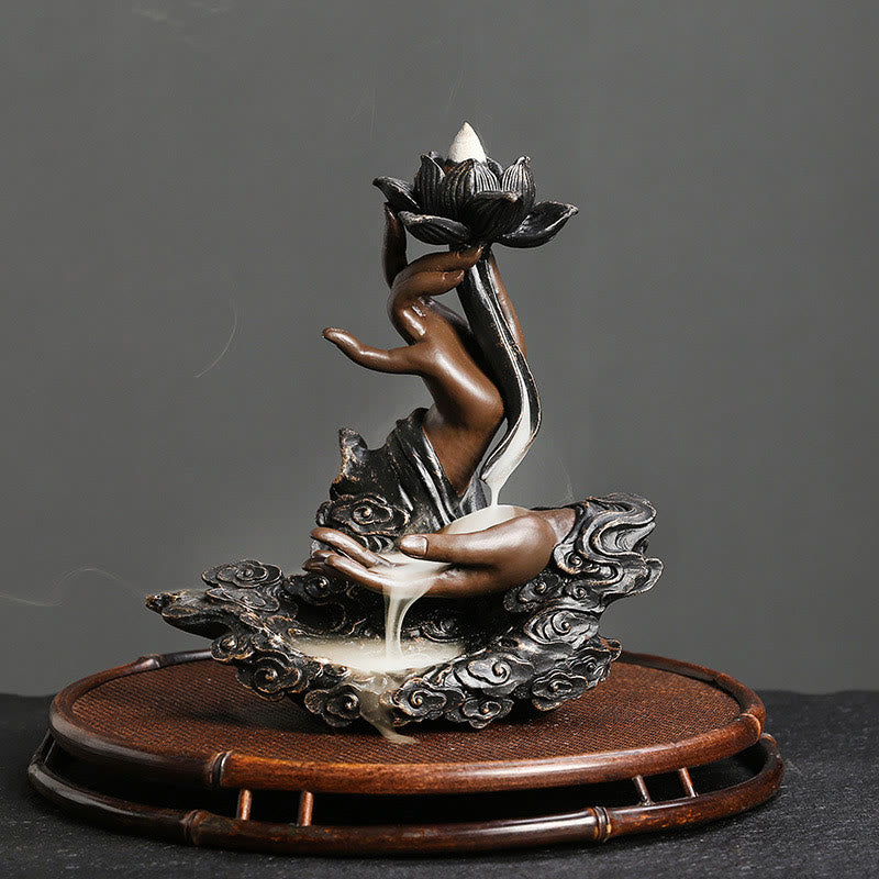 Rückfluss-Räuchergefäß mit Lotus-Buddha-Hand, Kunstharz, 17,9 cm