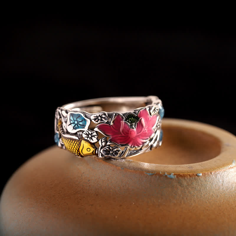 Lotus-Koi-Fischring aus 925er Sterlingsilber für Erleuchtung