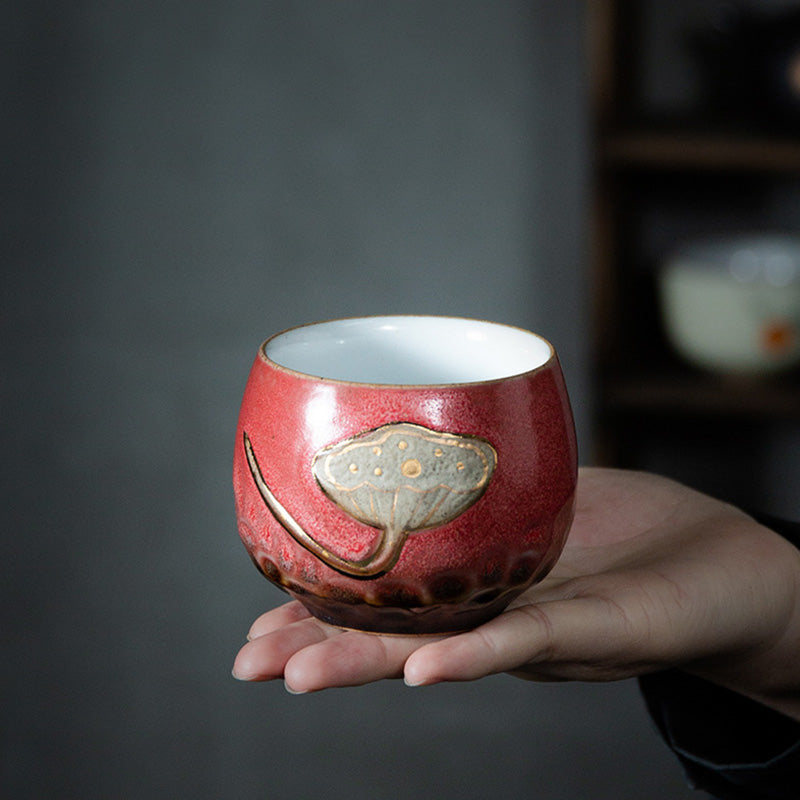 Keramik-Teetasse mit Lotus-Schote, graviert, 155 ml, Achtsamkeit