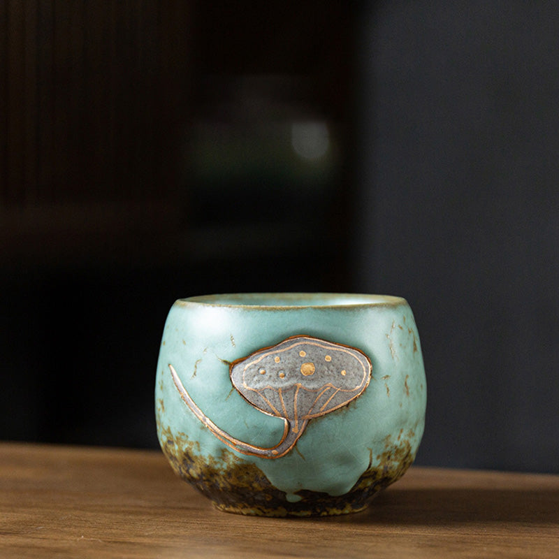 Keramik-Teetasse mit Lotus-Schote, graviert, 155 ml, Achtsamkeit