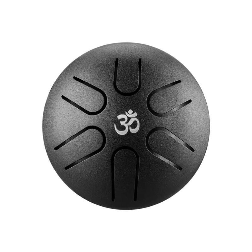 Black steel tongue drum with Om symbol and curved slits, Mini Titanium Steel Tongue Drum