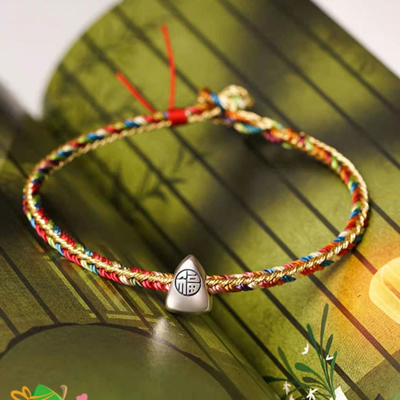 Mehrfarbiges Fu-Zeichen, rote Schnur, geflochtenes Armband, 925er Silber