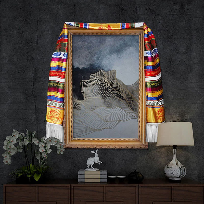 Mehrfarbiger tibetischer Khata-Schal, 260 x 55 cm, Lotus-Mantra-Dekoration