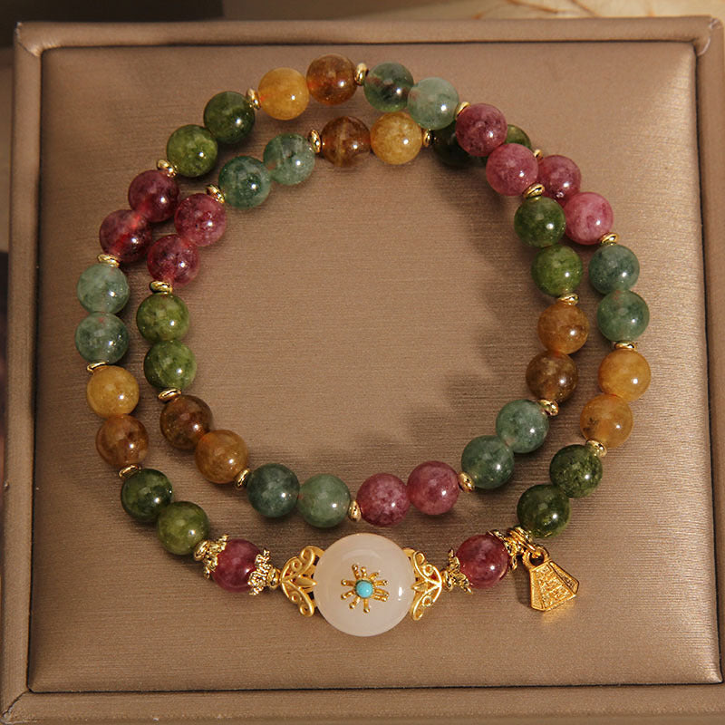 Mehrfarbiges Turmalin-Jade-Blumen-Doppelwickelarmband