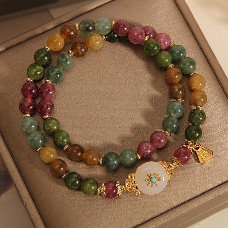 Mehrfarbiges Turmalin-Jade-Blumen-Doppelwickelarmband