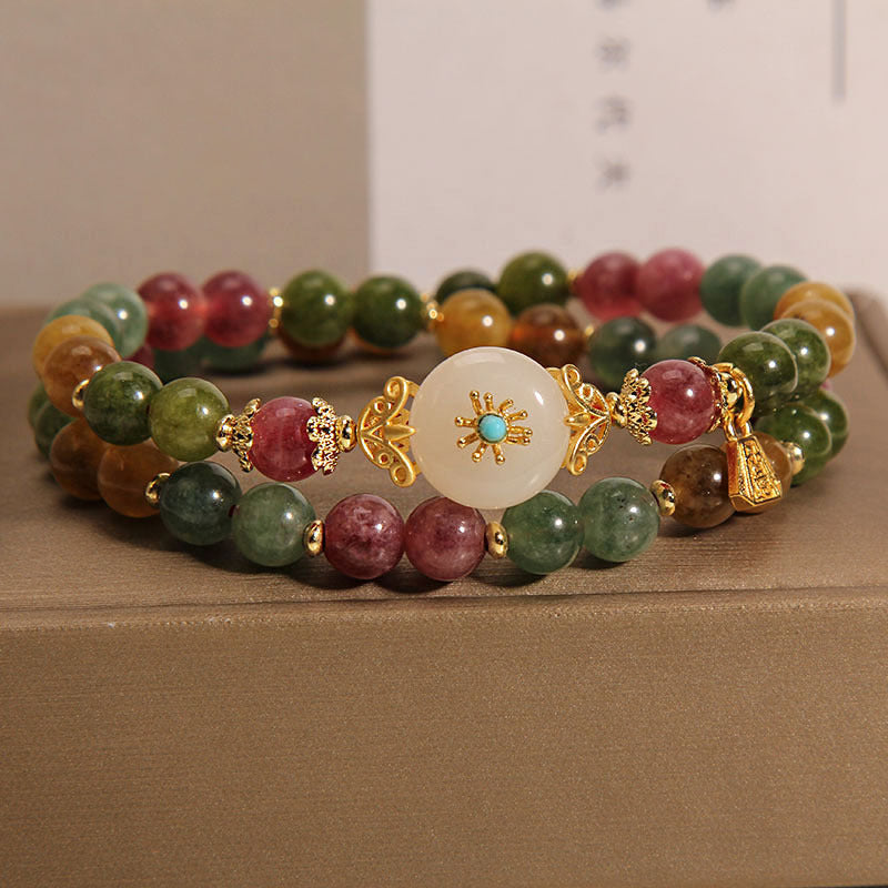 Mehrfarbiges Turmalin-Jade-Blumen-Doppelwickelarmband