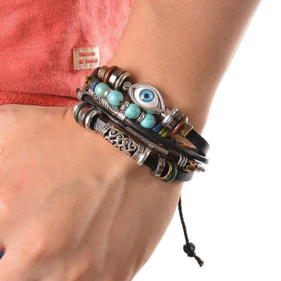 Mehrschichtiges spirituelles Lederarmband - verstellbar und Unisex
