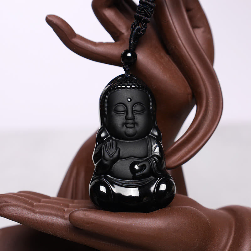 Natürliche schwarze Obsidian-Buddha-Halskette | Stärke & Schutz