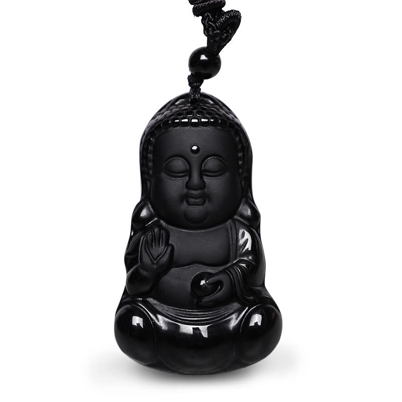 Natürliche schwarze Obsidian-Buddha-Halskette | Stärke & Schutz