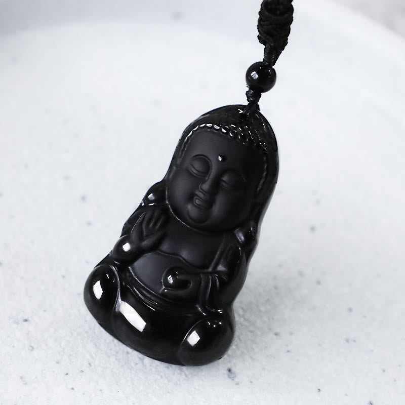 Natürliche schwarze Obsidian-Buddha-Halskette | Stärke & Schutz