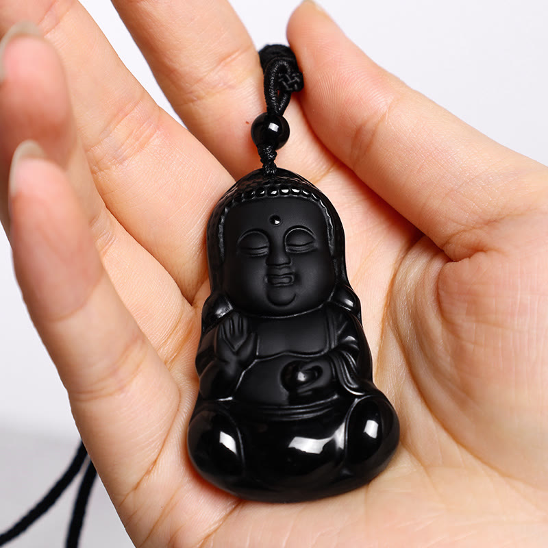 Natürliche schwarze Obsidian-Buddha-Halskette | Stärke & Schutz