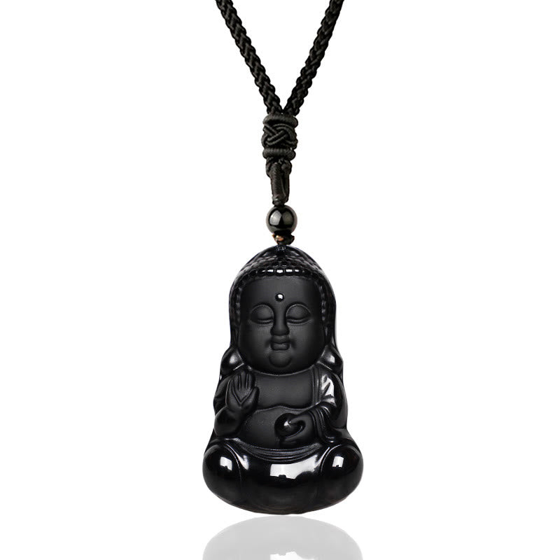 Natürliche schwarze Obsidian-Buddha-Halskette | Stärke & Schutz