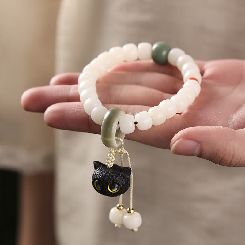 Natürliches Bodhi-Samen-Armband mit Katzenanhänger für Frieden und Harmonie