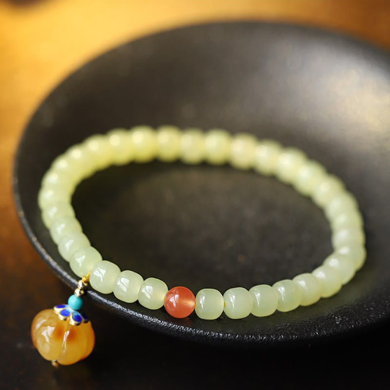 Natürliches Hetian Jade Wohlstandsarmband mit Bernstein und rotem Achat