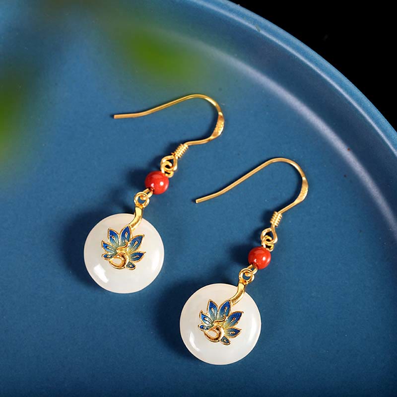 Schmuckset aus natürlicher Hetian-Weiß-Jade mit Segenspfau aus Sterlingsilber