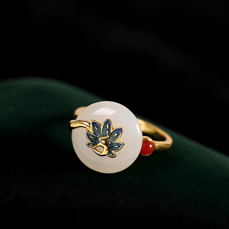 Schmuckset aus natürlicher Hetian-Weiß-Jade mit Segenspfau aus Sterlingsilber