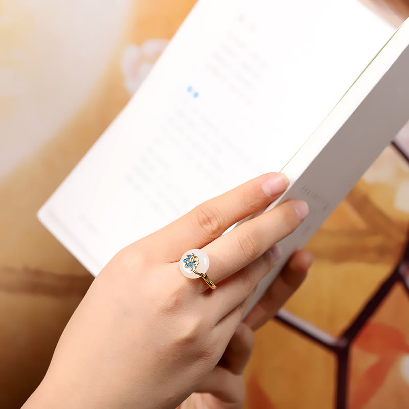 Schmuckset aus natürlicher Hetian-Weiß-Jade mit Segenspfau aus Sterlingsilber